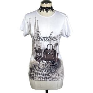 Y2K Bedazzled Rhinestone Graphic Barcelona Mcbling Diva Vaction Womens Tee Sz L
